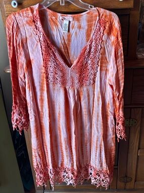 Studio West Coral and White Crochet-Trim Tunic Dress